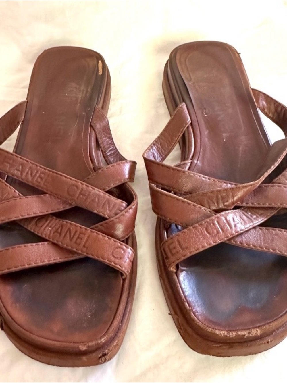 VINTAGE 1990s CHANEL DEBOSSED LOGO PLATFORM SANDALS CROSSOVER STRAPS BROWN 38